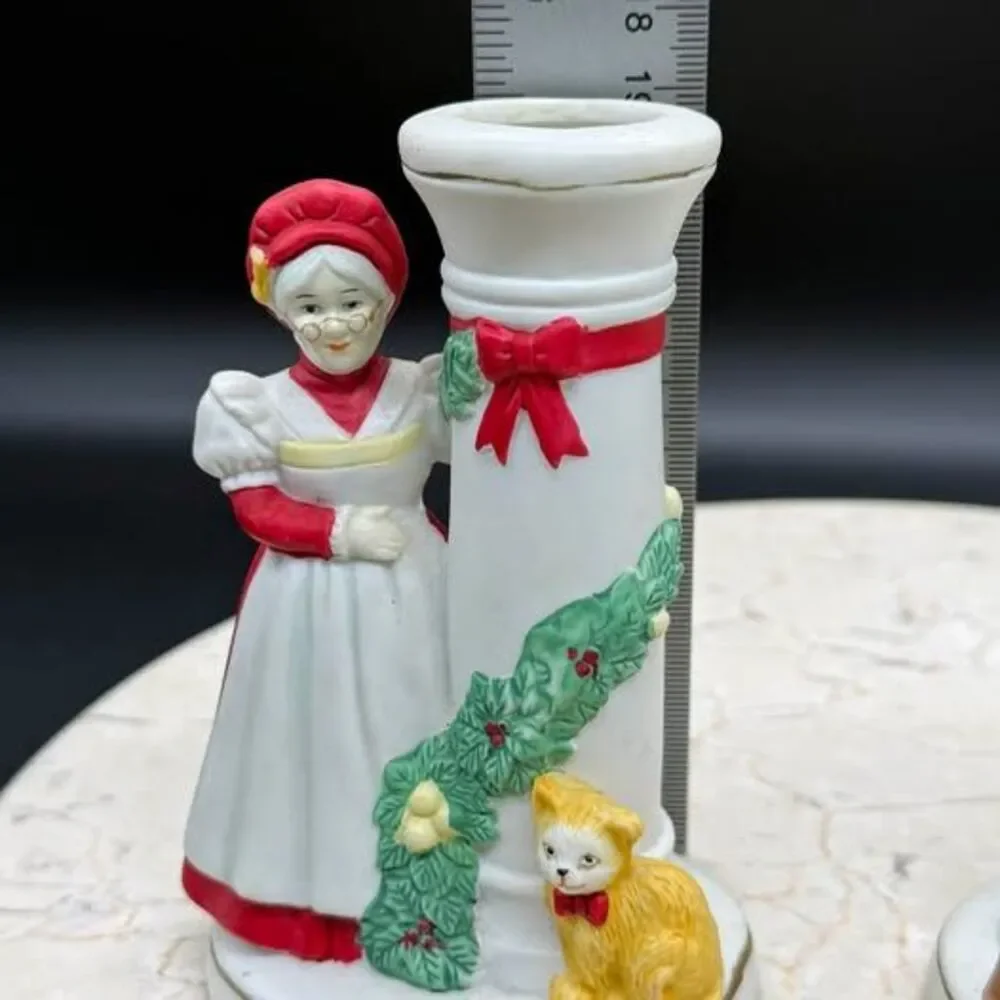 Vintage Hand-painted Santa and Mrs. Claus Christmas Candle Holders 4” Tall